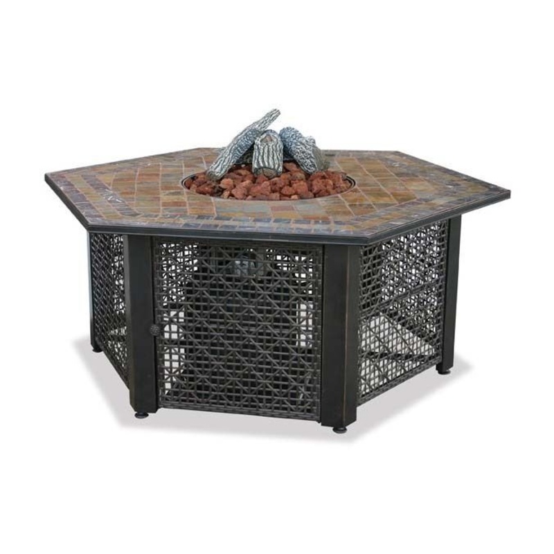 Propane Fire Pit Table – 30,000 BTU – Hexagon Slate Tile Mantel – Rocks & Glass